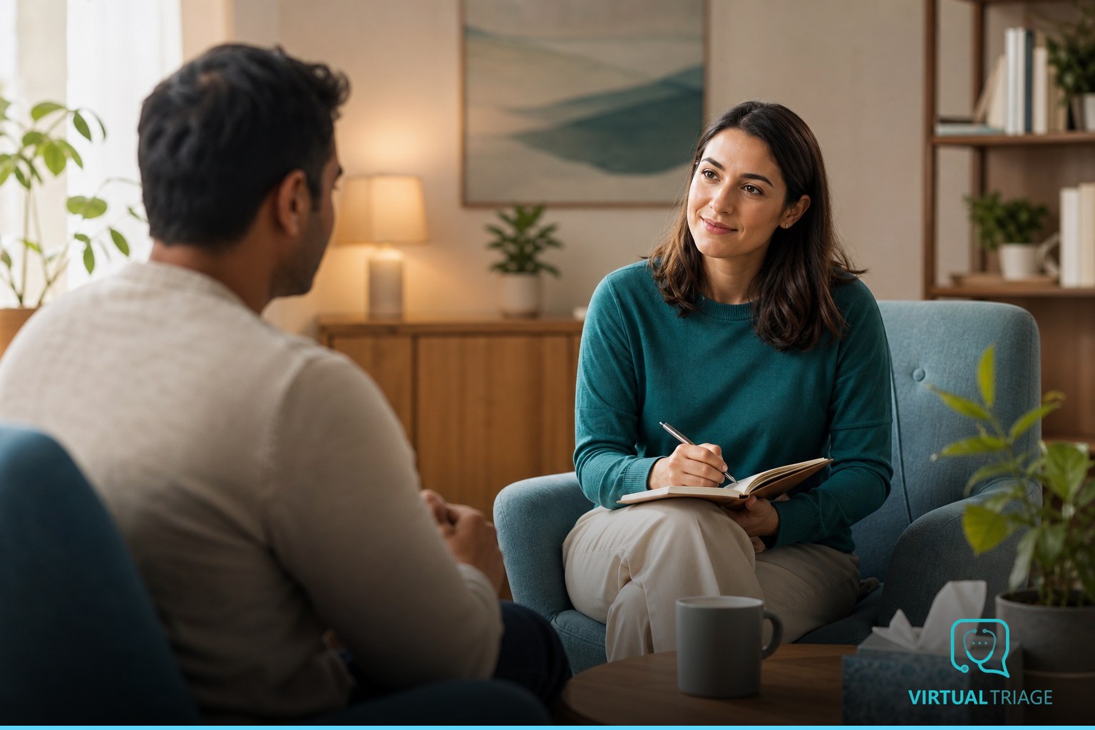 A soothing image of a calm consultation space, symbolising mental health support.
