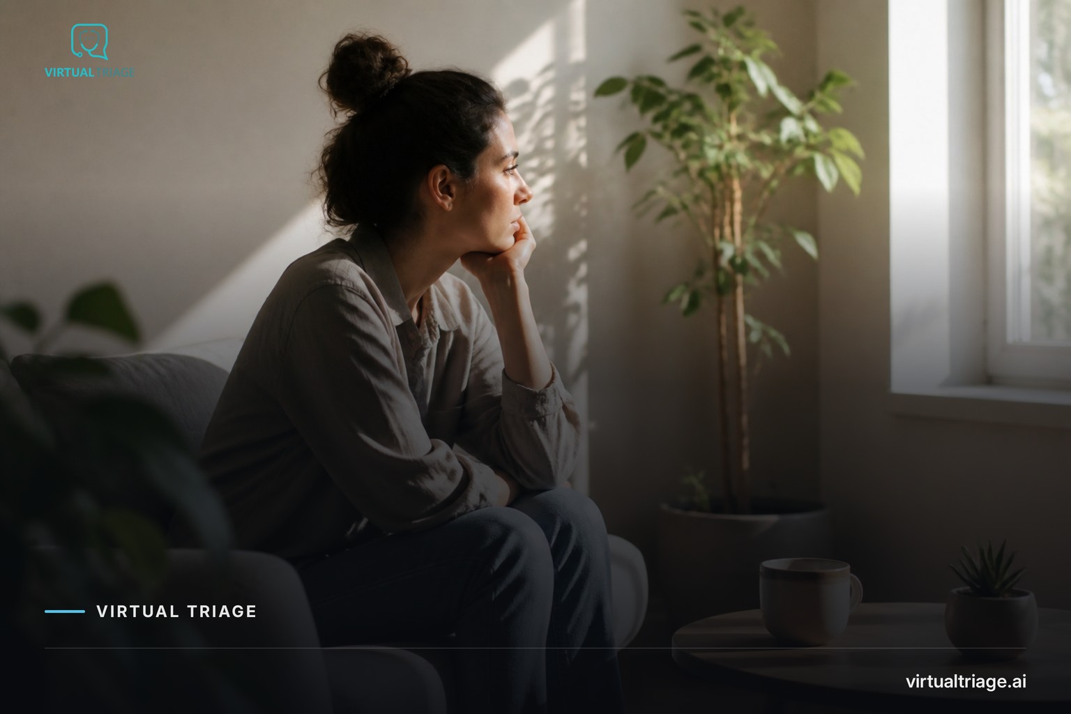 A calm person sitting in a well-lit room, contemplating their feelings of burnout.