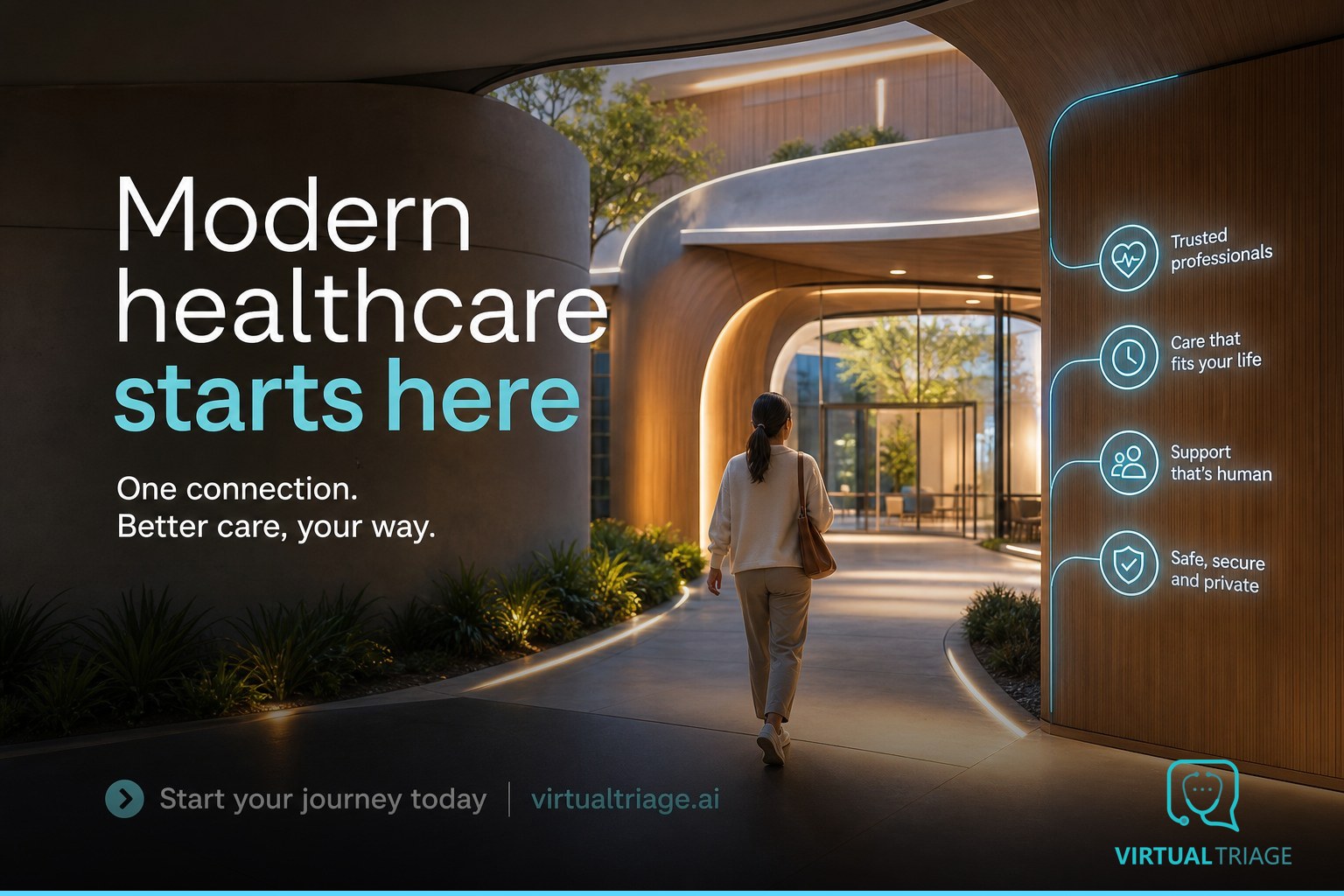 A warm and inviting graphic illustrating a patient using a digital device to connect with a healthcare professional.