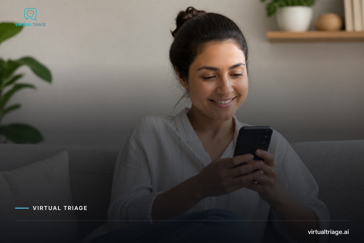 A person looking relieved while using their phone to book a healthcare appointment online.