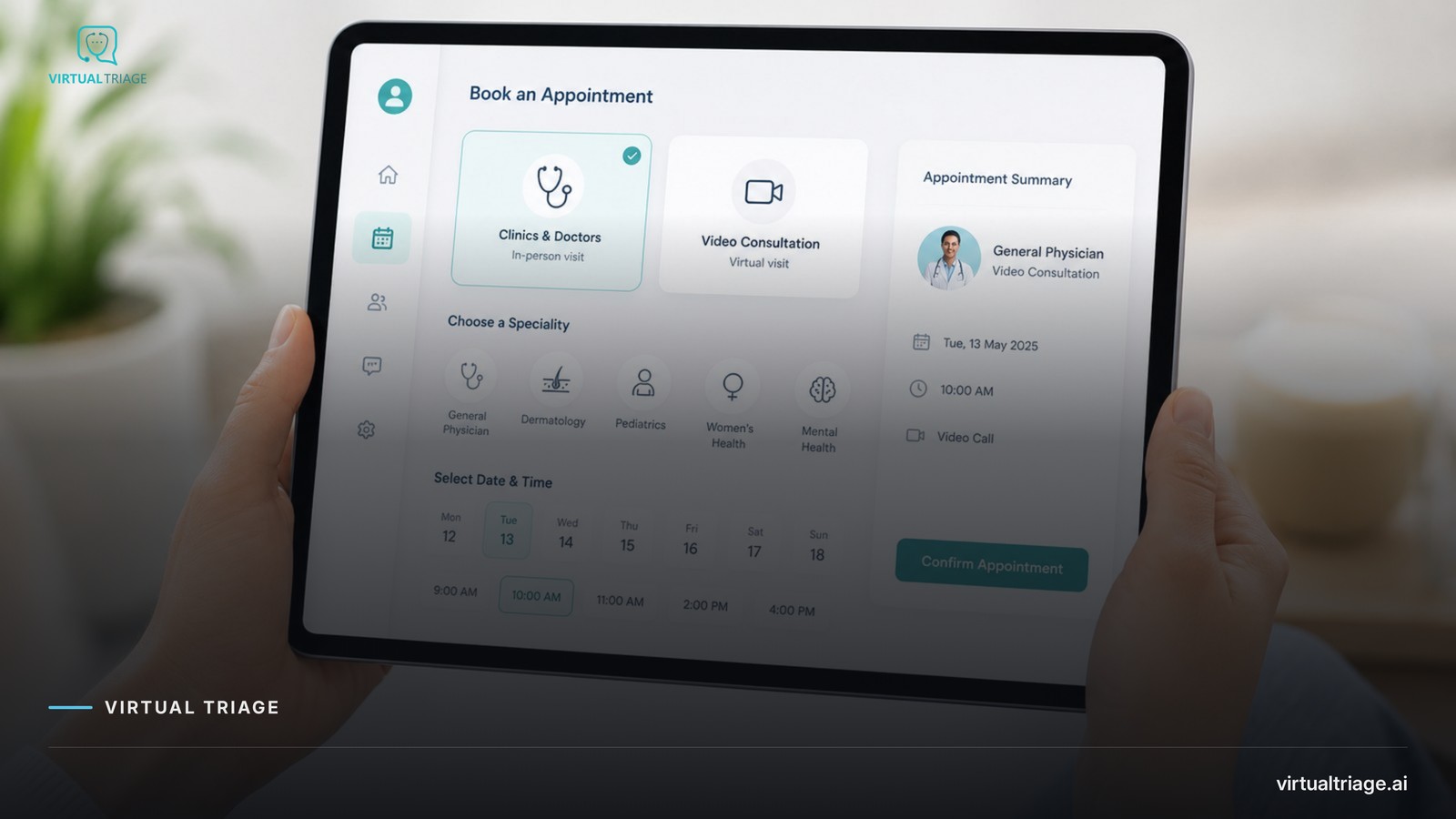 A digital healthcare platform interface displaying appointment booking options for clinics and patients.