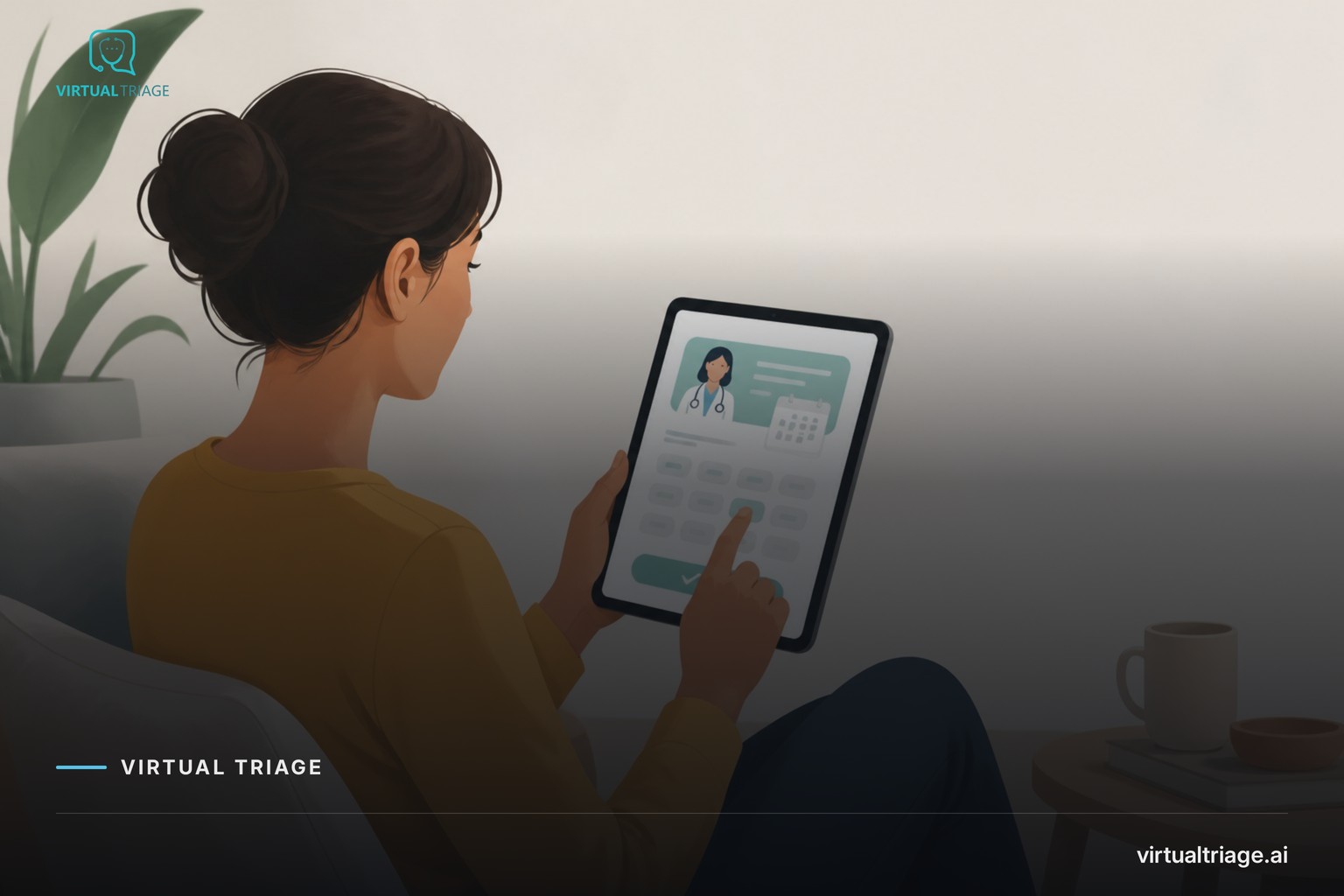An illustration of a patient using a digital device to book a healthcare appointment.