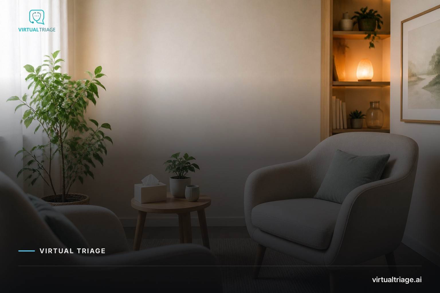 A serene consultation room with comfortable seating and calming decor, representing a safe space for mental health consultations.
