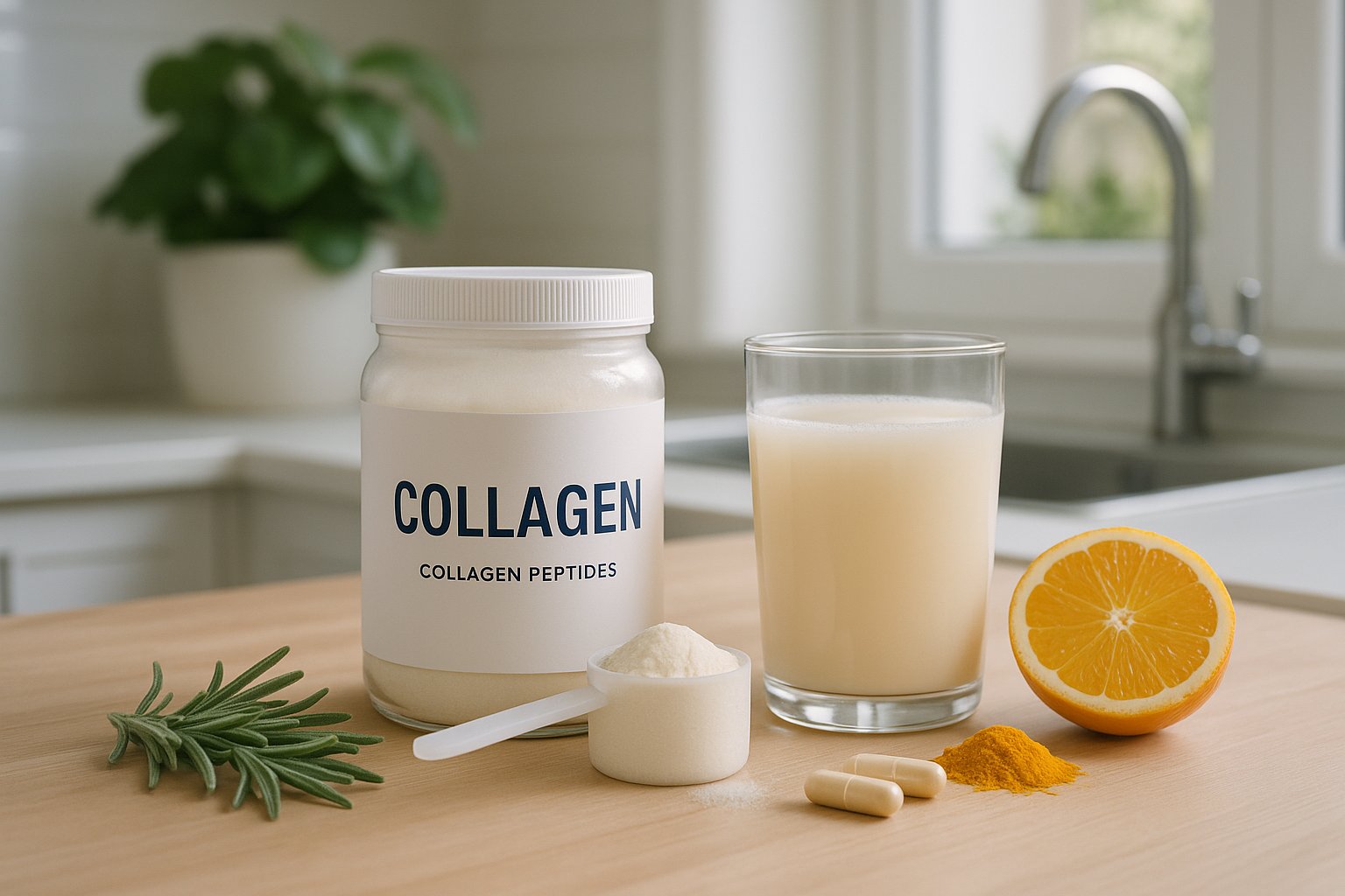 Collagen powder and capsules on a wooden table