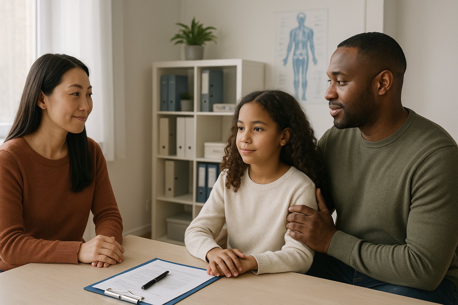 Couple discussing family matters in a healthcare setting.