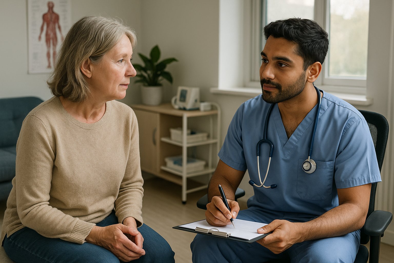 A healthcare professional discussing measles symptoms with a patient.