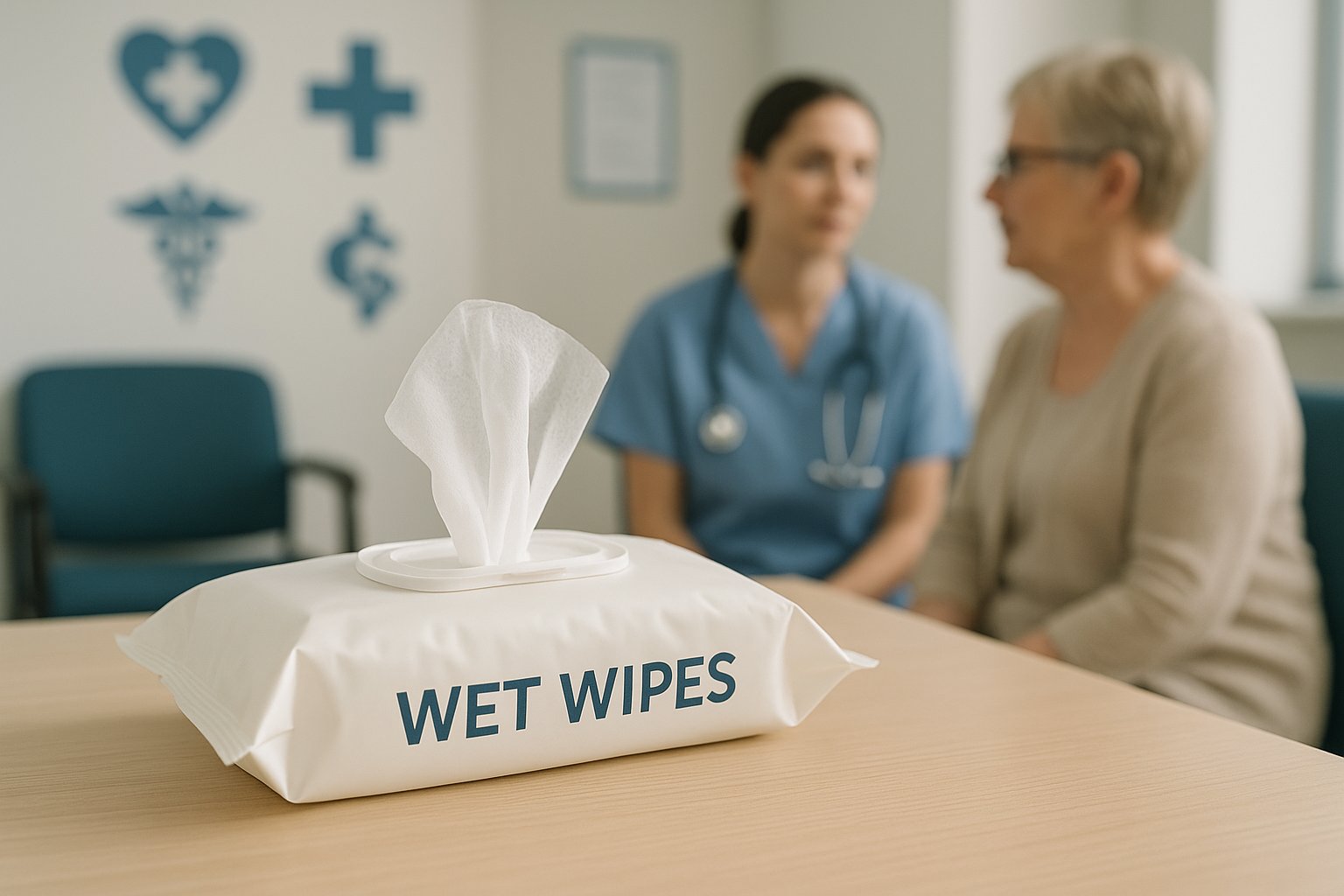 A collection of wet wipes with a warning sign.